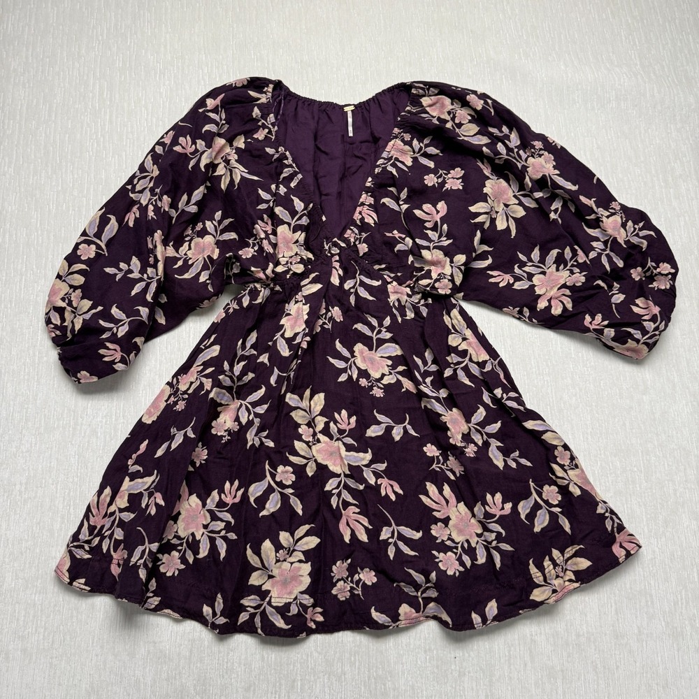 Free People Mini Dress Womens XS Purple Portia Floral Linen 3/4 Sleeve V-Neck